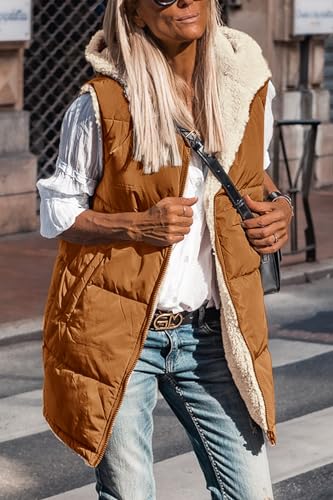 PRETTYGARDEN Women's Winter Reversible Fleece Long Vests - color: Brown, size: XX-Large