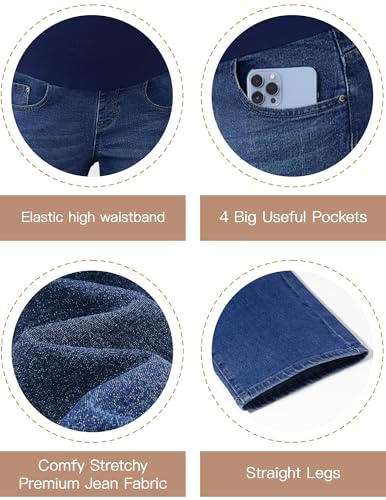 POSHGLAM Women's Maternity Jeans Straight Leg Over Belly Comfy Stretch Casual Denim Pants - color: A02 Dark Blue, size: Medium