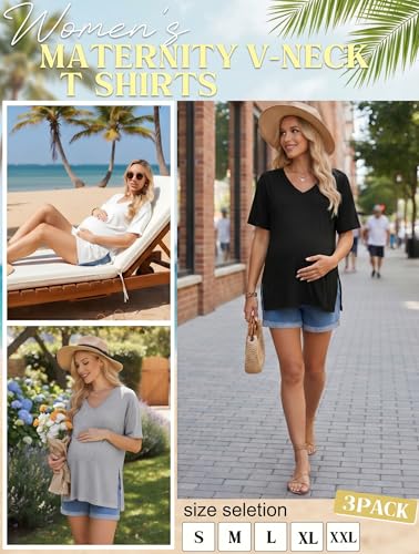 Ekouaer Maternity Shirts 3 Pack Oversized Pregnancy Tops Summer Clothes - color: 3 Pcs Black/ Light Grey/ White, size: Small