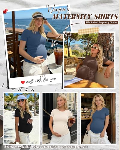 Huukeay 4 Pack Women's Short Sleeve Maternity Tops - color: Haze Blue, Coffee, Cream, Black, size: XX-Large
