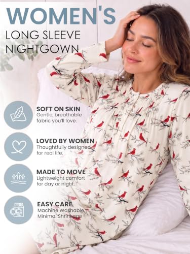 Casual Nights Women's Flannel Floral Long Sleeve Nightgown - color: White Snow Bird, size: Medium