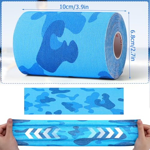 Wide Kinesiology Tape, 3 Pack, 4in x 5.5yd, Waterproof Blue Camo - color: Blue Camo - 4in