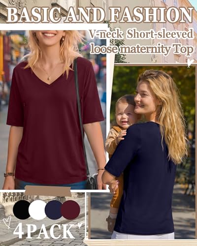 4 Pack Women Nursing Shirts Breastfeeding Tops - color: Burgundy, Navy Blue, White, Black, size: XX-Large
