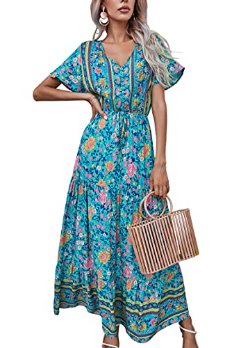 R.Vivimos Womens Summer Boho Floral Print V Neck Flowy Dress - color: Green, size: Large