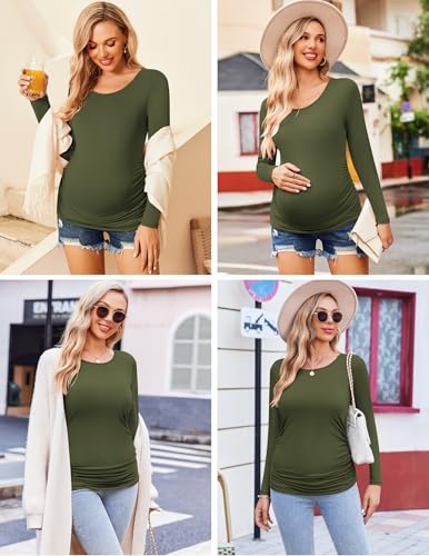 Ekouaer 3/4 Pack Womens Maternity Shirts Long Sleeve Pregnancy Tops - color: 3pcs Black / Burgundy Red / Army Green, size: X-Large