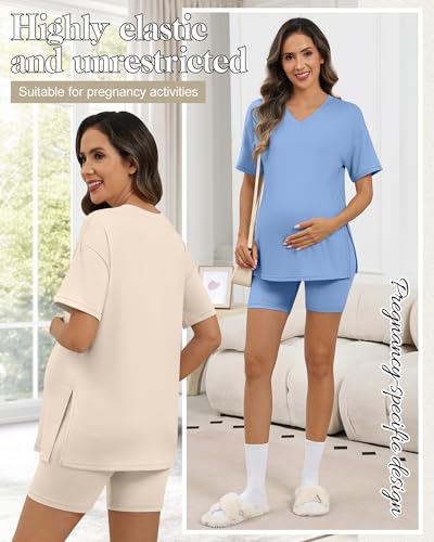 2 Pack Women Maternity Set Pregnancy Outfit - color: Blue, Beige, size: X-Large
