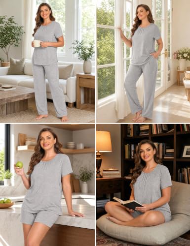 SWOMOG Women 3Pcs Maternity Pajama Set Nursing Pjs Pregnancy Set Breastfeeding Pjs Double Layer with Pockets - color: Grey, size: Medium