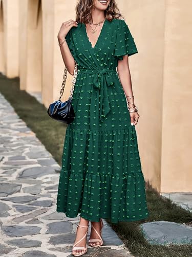 MASCOMODA Womens Summer Swiss Dot Maxi Dresses Wrap Boho Floral Long Dress - color: Dark Green, size: X-Large