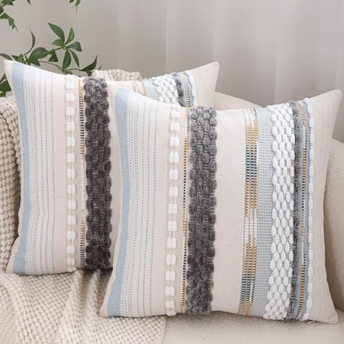 Boho Throw Pillow Covers 18x18 Set of 2 Grey Blue White - color: Grey Blue White Stripe, size: 18" x 18" (Pack of 2)