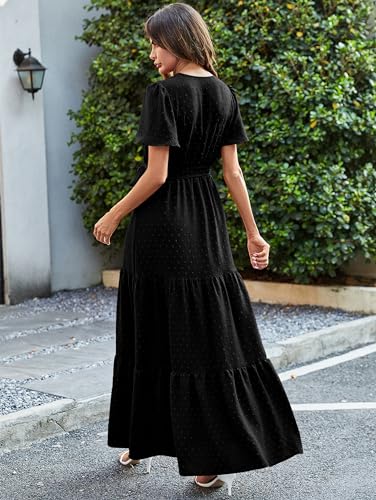 MASCOMODA Womens Summer Swiss Dot Maxi Dresses Wrap Boho Floral Long Dress - color: S-black, size: Large