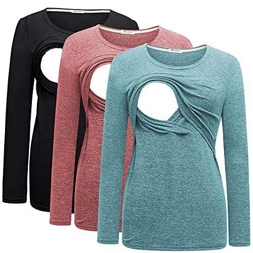 Bearsland Women's 3 Packs Maternity Clothes Long Sleeves Breastfeeding Shirts Nursing Top - color: Black+brick Red+sky Blue(3pcs), size: Medium