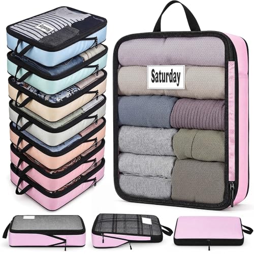 7 Pcs Packing Cubes for Travel Days of Week, Pastel, L - color: Pastel, size: L