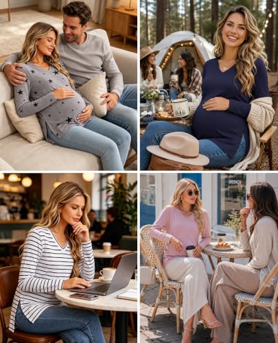 Ekouaer Womens 3 Pack Maternity Shirts Long Sleeve Pregnancy V Neck Clothes - color: Black/Dark Red/Khaki, size: Large