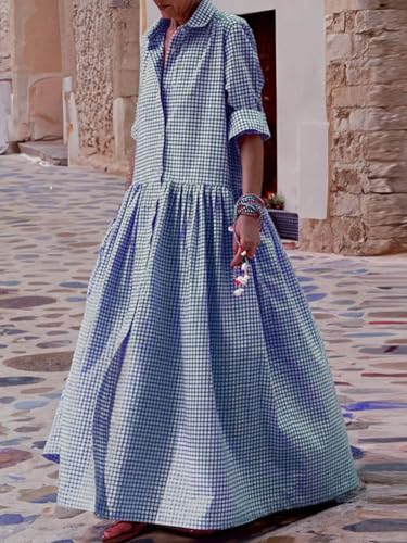 chouyatou Women's Retro Plaid Button Down Maxi Shirt Dress Long Sleeve Button Up Gingham Swing Long Dress - color: Blue, size: Medium