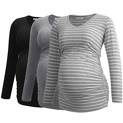 Smallshow Women's V-Neck Maternity Shirt Clothes Long Sleeve Ruched Pregnancy Top - color: Black-light Grey-light Grey Stripe(3 Pack), size: XX-Large