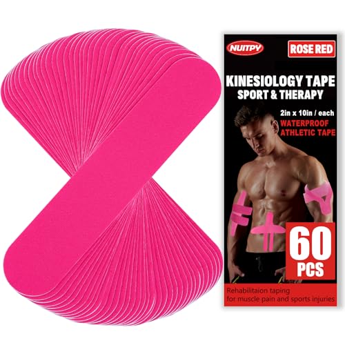60 Pcs Rose Red Precut Kinesiology Tape Strips, 2in x 10in Kinetic Tape - color: Rose Red