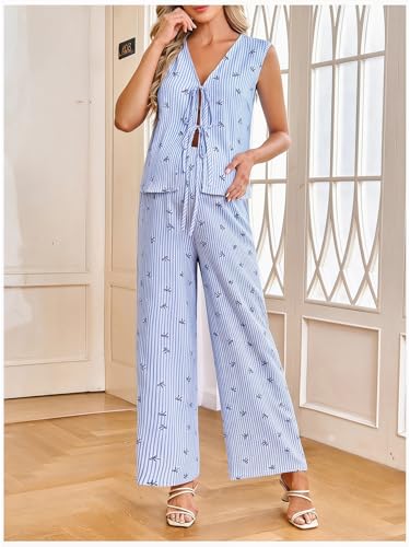 MakeMeChic Women's Maternity Summer 2 Piece Outfits Pregnancy Boho Vacation Striped Bow Top and Pants Set - color: Blue and White, size: XX-Large