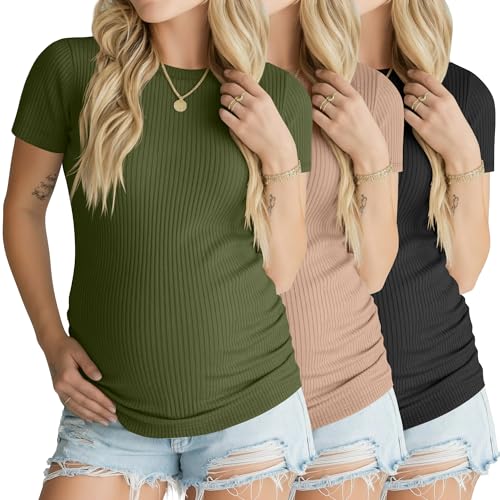 Ficerd 3 Pack Women's Maternity Shirts Short Sleeve Ribbed Pregnancy Tops Crew Neck Basic Tees Summer Mama Clothes - color: Khaki, Army Green, Black, size: Large