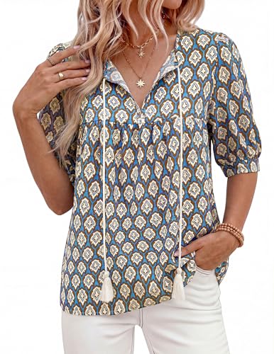 PRETTYGARDEN Womens Summer Boho Blouses Dressy Casual - color: Blue, size: Large