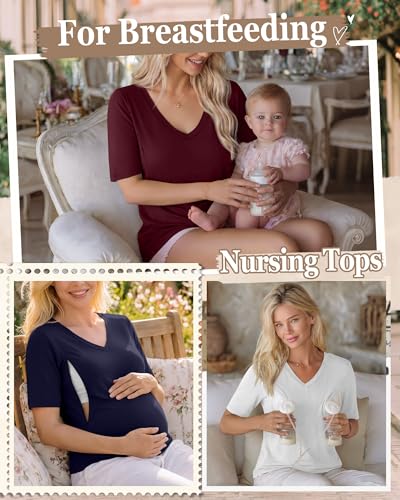4 Pack Women Nursing Shirts Breastfeeding Tops - color: Burgundy, Navy Blue, White, Black, size: Large