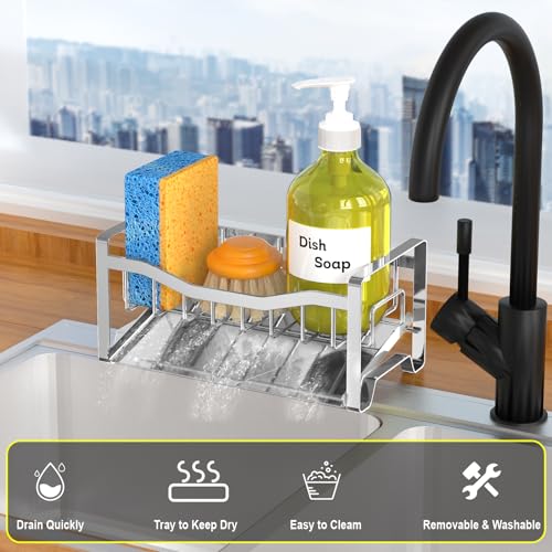 Maifan Stainless Steel Kitchen Sink Caddy Organizer with Auto Drain Tray, Sponge Holder for Countertop Storage Silver - color: Silver