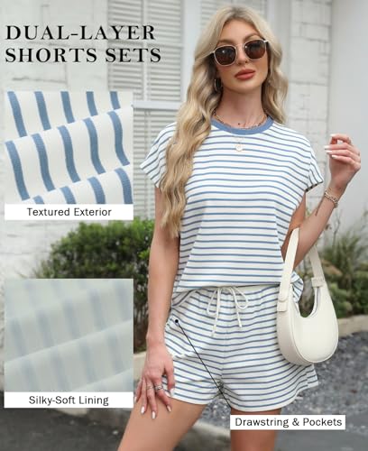 Sweetmoon Shorts Sets Women 2 Piece Outfits Matching Sets - color: Blue Striped, size: XX-Large