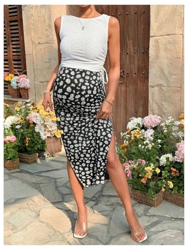 Milumia Women's Maternity Two Piece Set Tank Top and Floral Midi Skirt Sets - color: Black and White, size: Medium