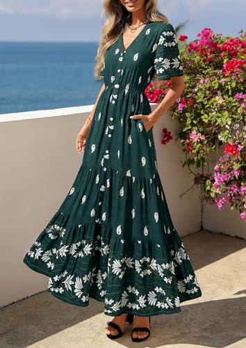 PRETTYGARDEN Womens Short Sleeve Boho Maxi Dress - color: Peacock Blue, size: X-Large