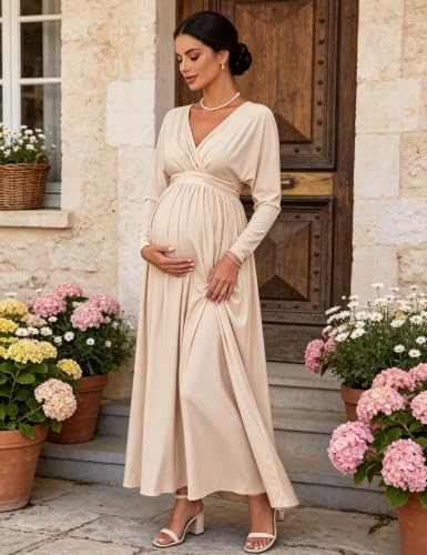 Maternity Long Sleeve V Neck Maxi Dress Tie Waist Flowy Maxi Gown - color: Apricot, size: Medium