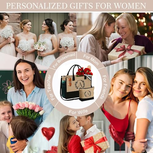 YOOLIFE Personalized Gifts for Women Initial Jute Tote Bag Makeup Bag - color: B