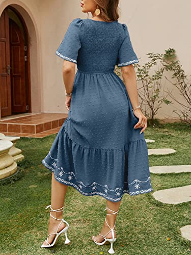 Glamaker Women's Short Sleeve Smocked Square Neck A Line Summer Flowy Maxi Long Dress - color: 01-dark Blue, size: Small