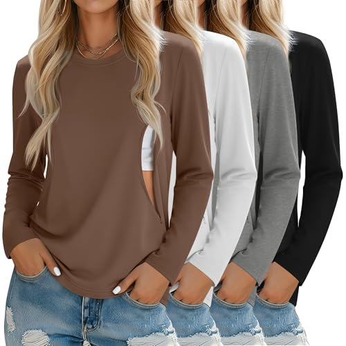 4 Pack Nursing Breastfeeding Tops with Hidden Zipper - color: Brown, White, Gray, Black, size: XX-Large