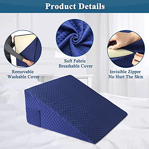 Wedge Pillow Cover Quilted Triangle Incline Bed Wedge Pillowcase Slanted Pillow Case Protector(24"x25"x12") with Pocket & Zipper Only Replacement Cover Machine Washable - color: Blue