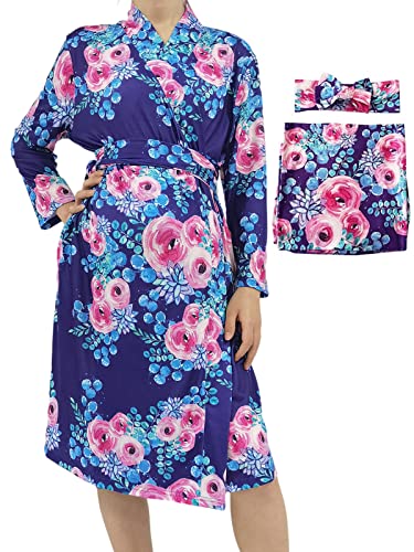 SUFEINI Maternity Robe with Matching Swaddle Set, Mommy Me Swaddle Set Maternity Bathrobe Labor Nursing Delivery Gown - color: B07-purple Flower, size: Medium