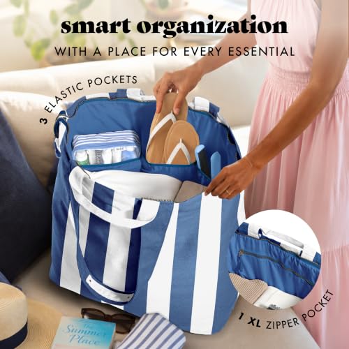 Fit & Fresh All The Things XL Beach Bag for Women, Oversized Travel Tote - color: Cobalt Stripe