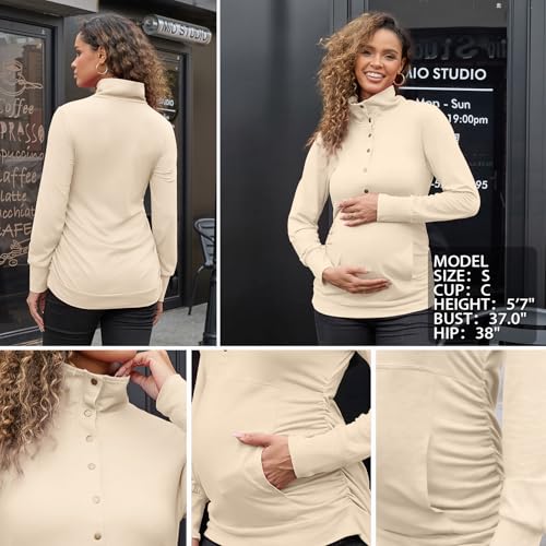 Bhome Maternity Shirt Casual Long Sleeve Half Button Front Lightweight Sweatshirts Slim Fit Pullover Tops with Pockets - color: Apricot, size: X-Large