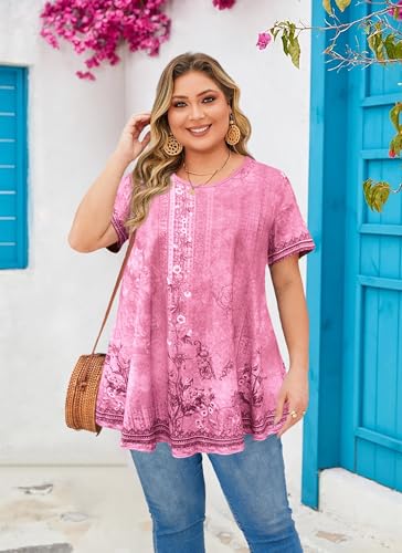 Womens Plus Size Tunic Tops Swing Summer Casual Flowy Blouses - color: Pink Floral Plus Size Tops, size: XX-Large