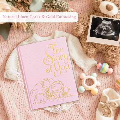 Lanpn Baby Memory Book for Boy Girl - The Story of You, Newborn Babys Book Keepsake Photo Album for New Parents, Linen Cover Baby First 5 Year Milestone Scrapbook Journal (Pink, 154 Pages) - color: Pink