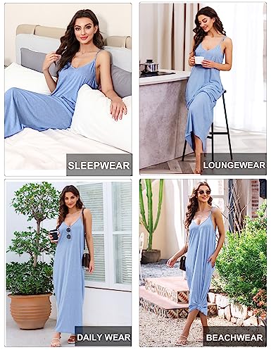 Marvmys Women's Cotton Long Nightgowns Sleeveless Sleep Dress with Pockets - color: Blue, size: Small