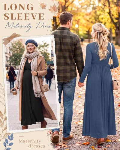 Neer 2 Pcs Maternity Maxi Dresses Long Sleeve Fall Nursing Dress - color: Haze Blue, Black, size: X-Large