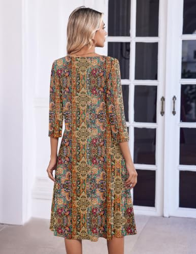 Zeagoo 3/4 Sleeve Women's Dress Pleated Midi Casual Dresses with Pockets - color: Ethnic Prints, size: Medium