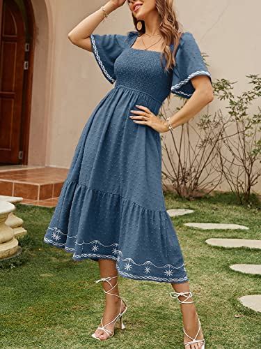Glamaker Women's Short Sleeve Smocked Square Neck A Line Summer Flowy Maxi Long Dress - color: 01-dark Blue, size: Small