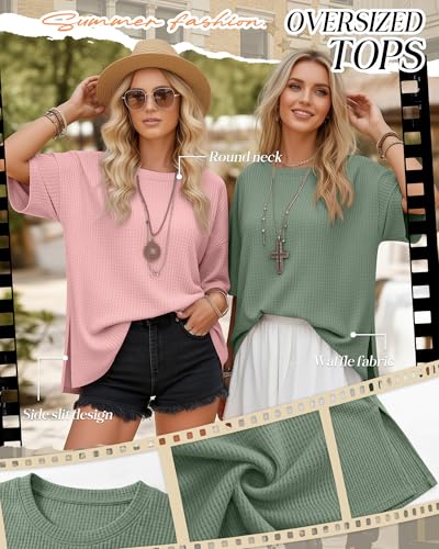 3 Pack Womens Oversized Waffle Knit Tops - color: Dusty Pink, Grayish Purple, Grass Green, size: X-Large