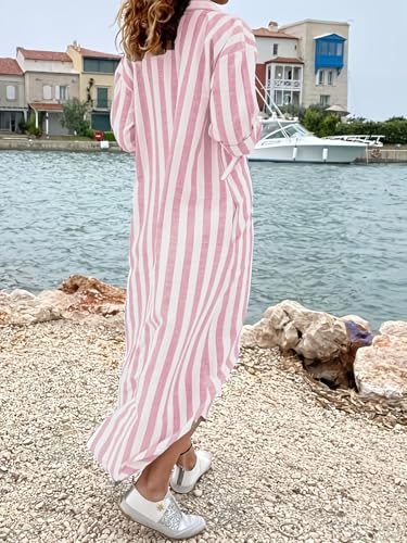 utcoco Womens Casual Striped 1/4 Zipper Maxi Shirt Dresses Rolled Up Sleeve Beach Vacation Boho Shift Dress - color: Pink, size: Medium