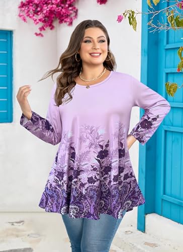 Plus Size Tops Womens Swing Tunic 3/4 Sleeve Flowy Long Blouses - color: Lavender Tunic Tops, size: 6X-Large