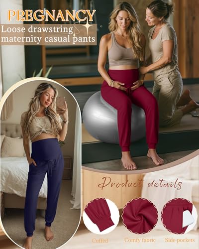 3 Pack Womens Maternity Pants Loose Pregnancy Joggers - color: Wine Red, Navy Blue, Black, size: Medium