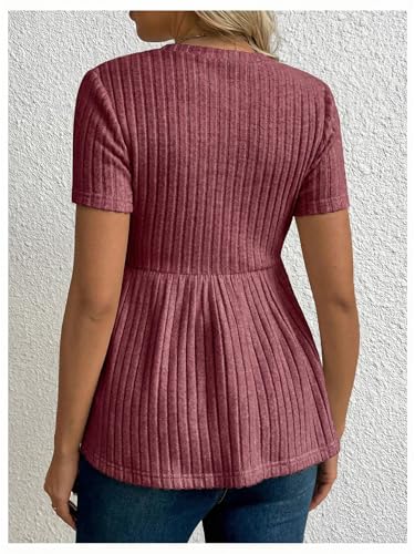 RoseSeek Women's Ribbed Knit Maternity T Shirt Short Sleeve Peplum Tops - color: Deep Red, size: Small