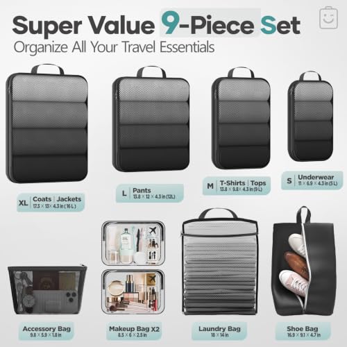 Veken 9/11 Set Compression Packing Cubes for Travel Essentials,Compressible Expandable Large Luggage Suitcase Organizer Bags for Clothing,Space Saver Bags with Over 1000 pcs of Mesh Holes(Black) - color: Black, size: 9 set