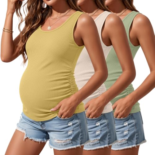 Riyiper 3 Pack Women's Maternity Tank Tops - color: Light Green, Apricot, Bright Yellow, size: Large