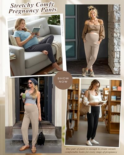 3 Pack Women's Maternity Pants Pregnancy Joggers - color: Apricot, Dark Heather Gray, Black, size: Small